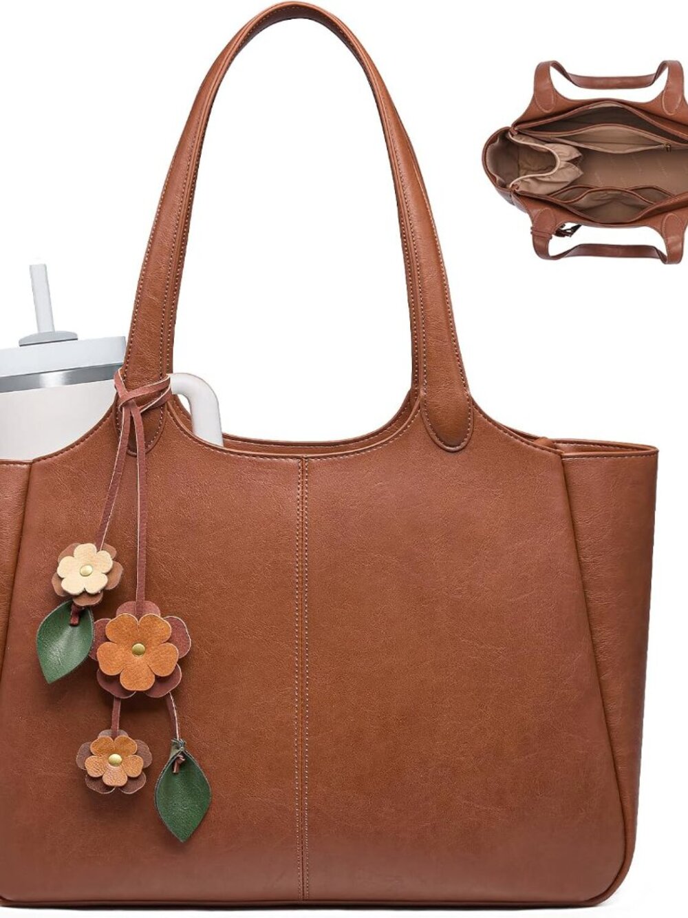 Leather Tote Bag for Women, Work Shoulder Bag with 40oz Cup Holder